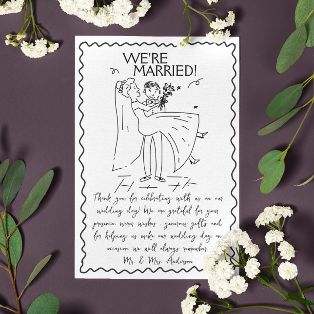 Hand Drawn Bride and Groom Scribble Script Wedding Thank You Card (Creator Uploaded)