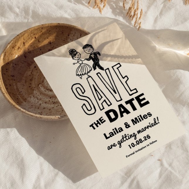 Hand drawn Bride and Groom Wedding Save The Date (whimsical bride and groom dancing save the date invitation)