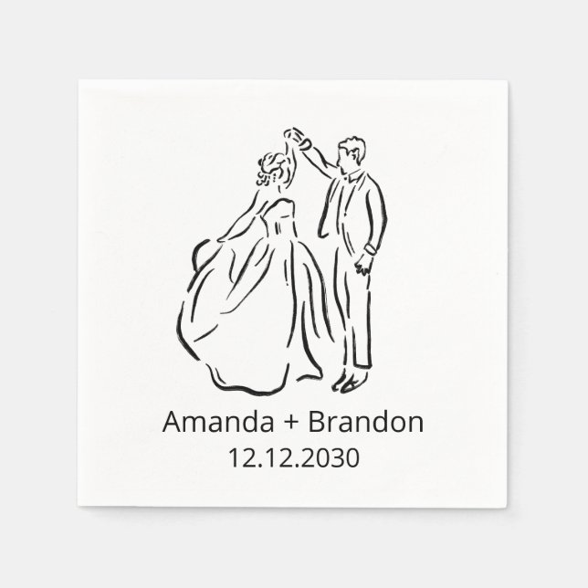 Hand Drawn Bride Groom Dancing Wedding Napkins (Front)