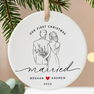 Hand Drawn Bride & Groom Wedding Ceramic Ornament
