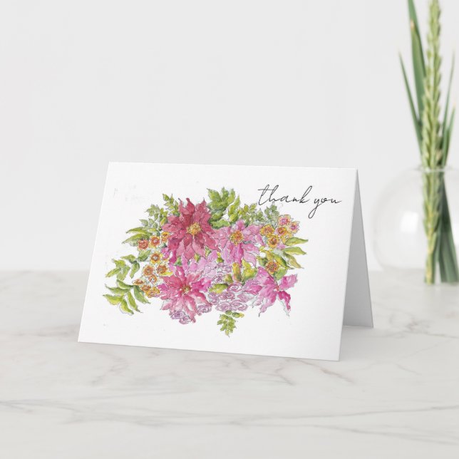 Hand Drawn Bright Pink Floral Bouquet Sketch Thank You Card (Front)