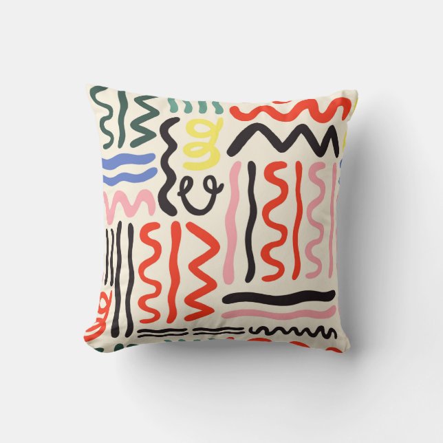 Hand drawn brush pattern, zigzags, lines and curve throw pillow (Front)