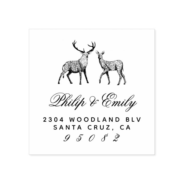 Hand-drawn Buck & Doe Wedding Return Address Rubber Stamp (Imprint)