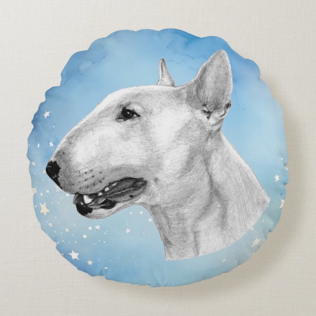 Hand Drawn Bull Terrier Artwork Round Pillow (Front)