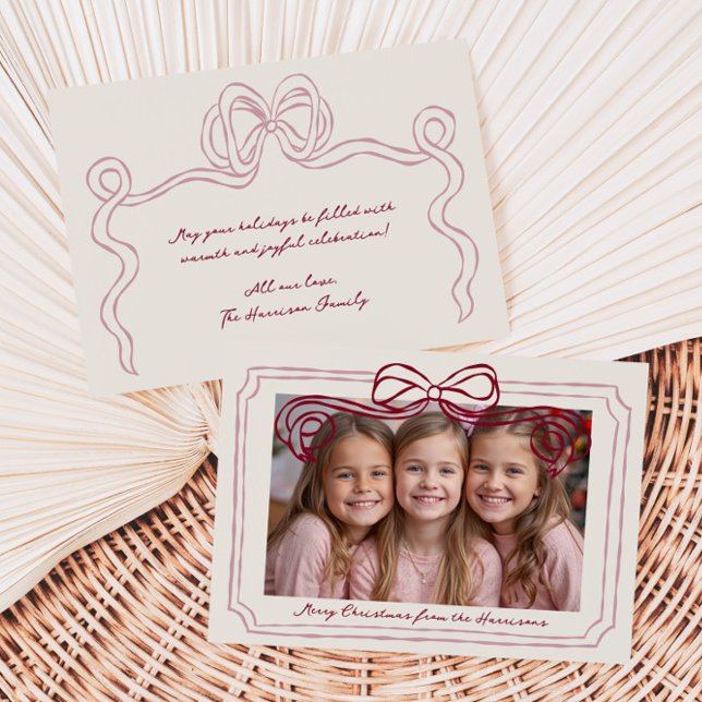 Hand Drawn Burgundy Blush Bow Frame Holiday Card (Creator Uploaded)