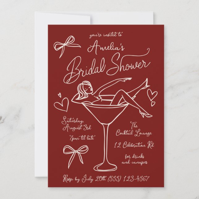 Hand Drawn Burgundy Martini Invite (Front)