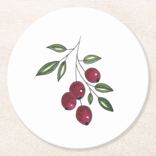 Hand Drawn Burgundy Red Berries Round Paper Coaster