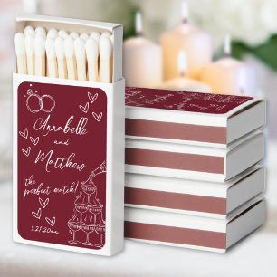 Hand Drawn Burgundy Red Wedding Matchbox Matchboxes