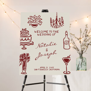 Hand Drawn Burgundy Romantic Wedding Welcome Foam Board