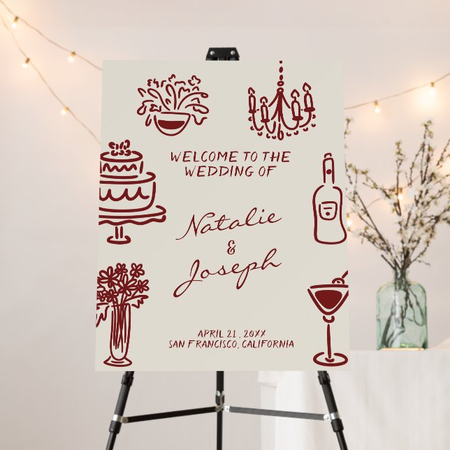 Hand Drawn Burgundy Romantic Wedding Welcome Foam Board (In Situ (Stand))