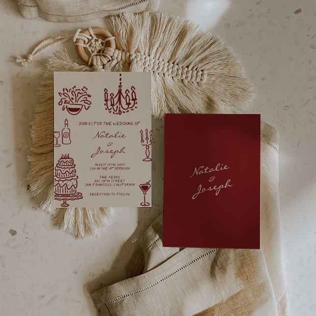 Hand Drawn Burgundy Romantic Whimsical Wedding Invitation (Creator Uploaded)
