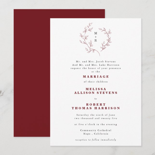 Hand Drawn Burgundy Sketch Wreath Formal Wedding Invitation (Front/Back)