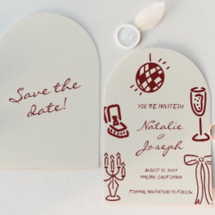 Hand Drawn Burgundy Whimsical Doddle Arch Wedding Save The Date