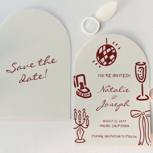 Hand Drawn Burgundy Whimsical Doddle Arch Wedding Save The Date (Creator Uploaded)