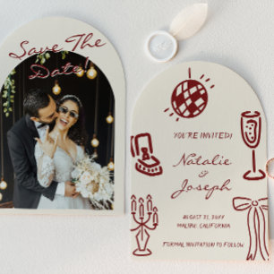 Hand Drawn Burgundy Whimsical Photo Arched Wedding Save The Date
