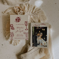 Hand Drawn Burgundy Whimsical Photo Wedding
