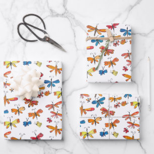 Hand-Drawn Butterfly Dragonfly Nature Inspired Wrapping Paper Sheets