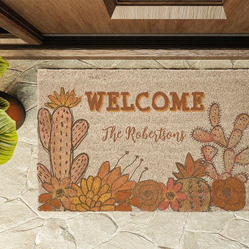 Hand Drawn Cactus Floral Neutral Colors Add Name Fiber Doormat