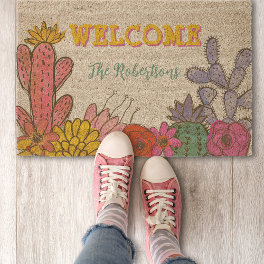 Hand Drawn Cactus Floral Vibrant Colors Add Name Fiber Doormat