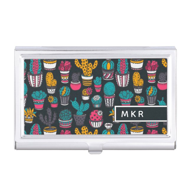 Hand Drawn Cactus in Sketch Style Pattern Business Card Case (Front)