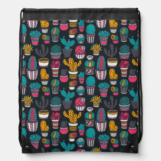 Hand Drawn Cactus in Sketch Style Pattern Drawstring Bag (Front)