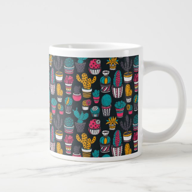 Hand Drawn Cactus in Sketch Style Pattern Large Coffee Mug (Right)