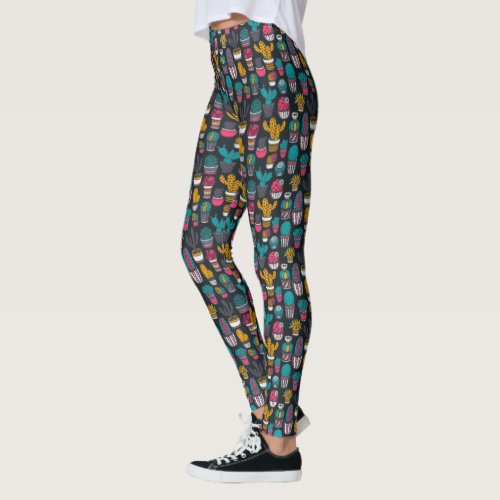 Hand Drawn Cactus in Sketch Style Pattern Leggings