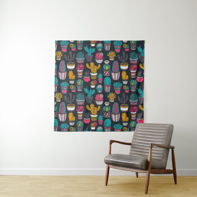 Hand Drawn Cactus in Sketch Style Pattern Tapestry (In Situ (Horizontal))