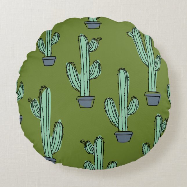 Hand drawn cactus pattern round pillow (Front)