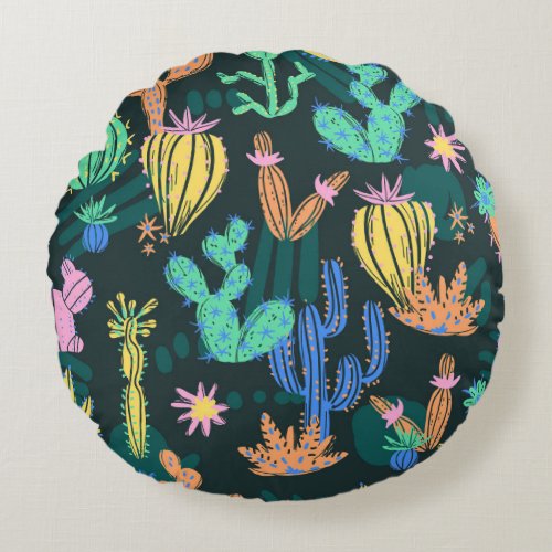 Hand_drawn cactus Scandinavian seamless Round Pillow