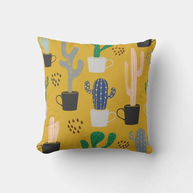 Hand-Drawn Cactus Vintage Pattern Throw Pillow (Front)
