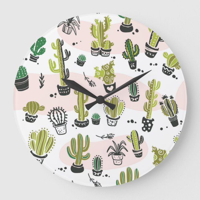Hand-drawn cactus: vintage seamless. large clock (Front)