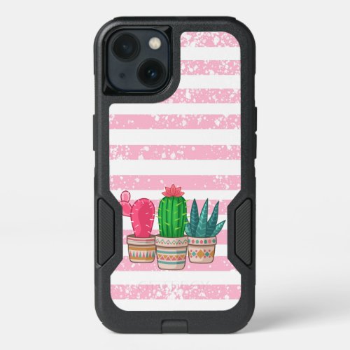 hand drawn cactus with stripes background iPhone 13 case