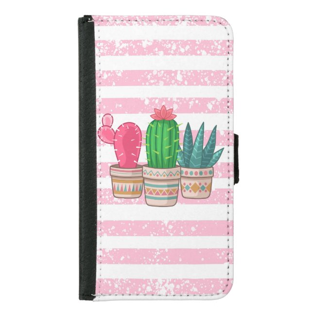 hand drawn cactus with stripes background samsung galaxy wallet case (Front)