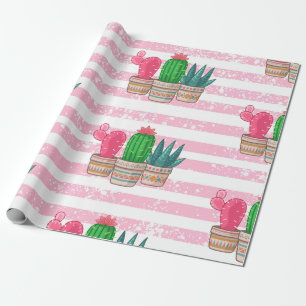 hand drawn cactus with stripes background wrapping paper