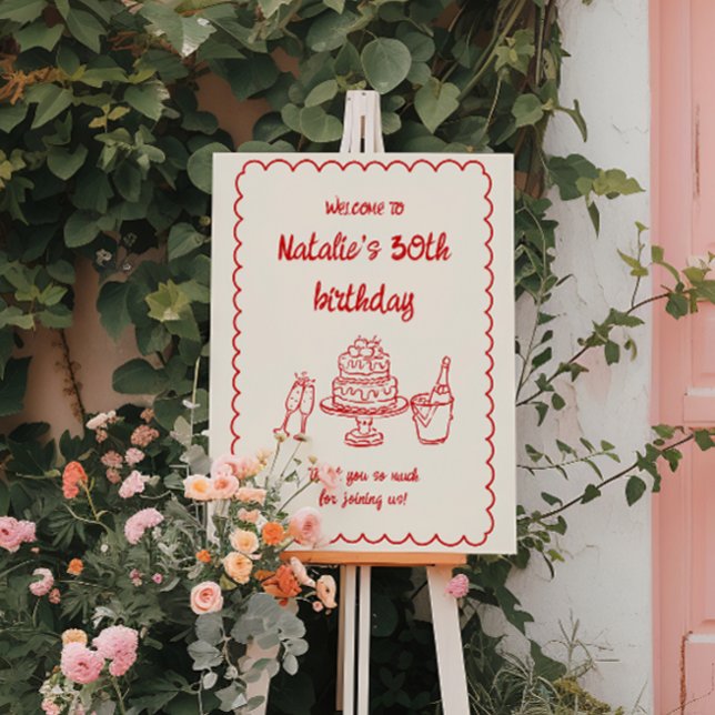 Hand Drawn Cake Champagne 30th Birthday Welcome  Foam Board (Creator Uploaded)