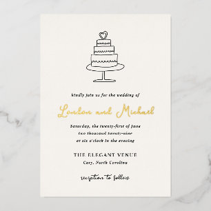 Hand Drawn Cake Doodle Modern Wedding Foil Invitation