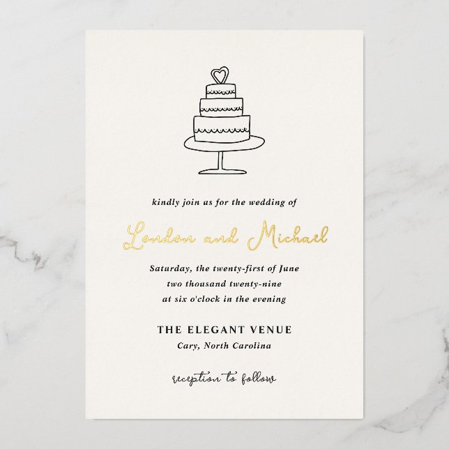 Hand Drawn Cake Doodle Modern Wedding Foil Invitation (Front)