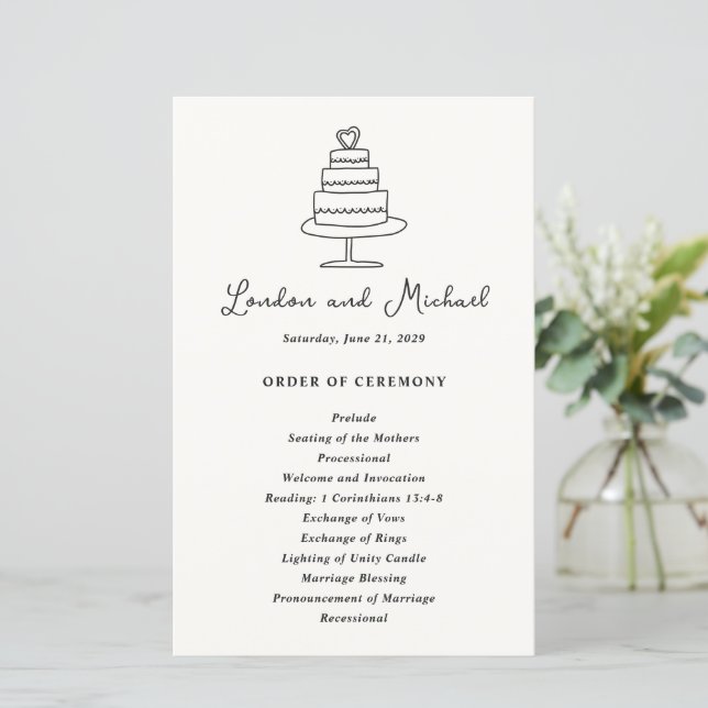Hand Drawn Cake Doodle Modern Wedding Program (Standing Front)