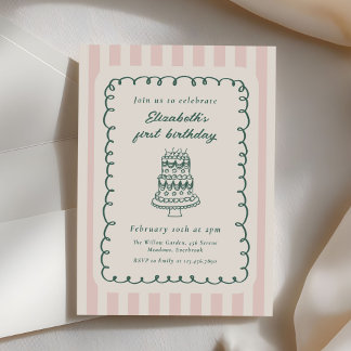 Hand Drawn Cake Quirky Unique 1st Birthday Invitation