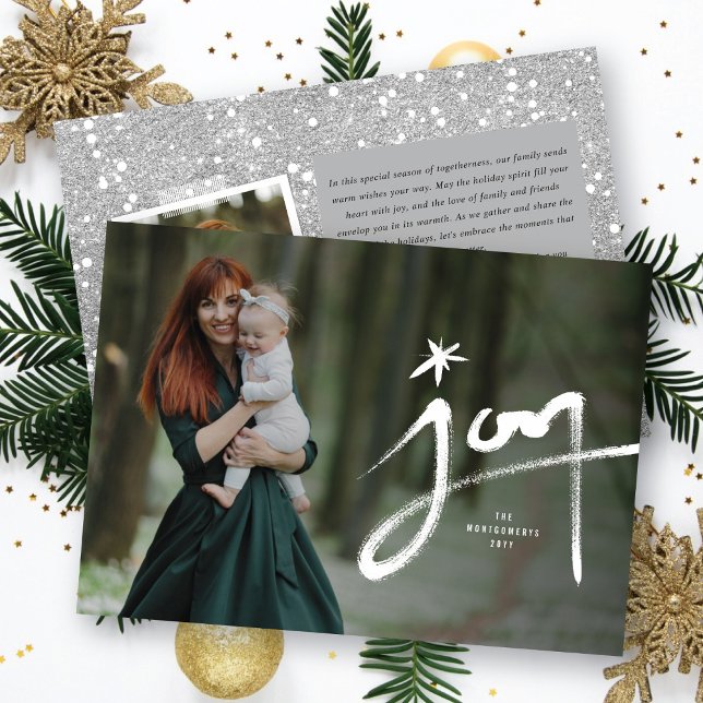Hand Drawn Calligraphy Brushed Joy With Star Photo Holiday Card (Creator Uploaded)
