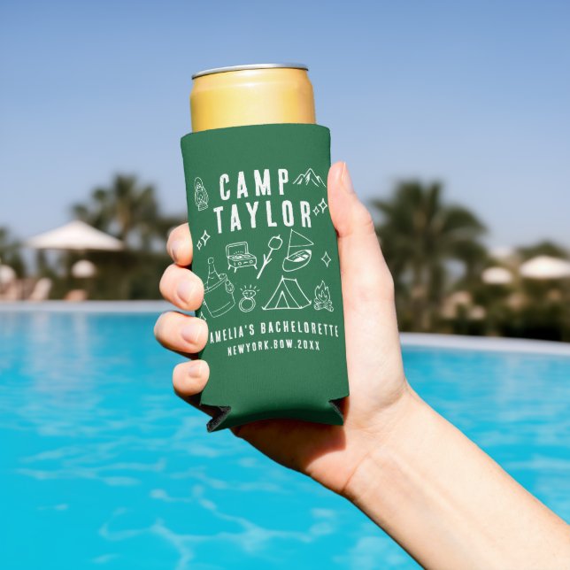 Hand drawn Camp Bachelorette Custom Can Cooler (In Situ Pool)