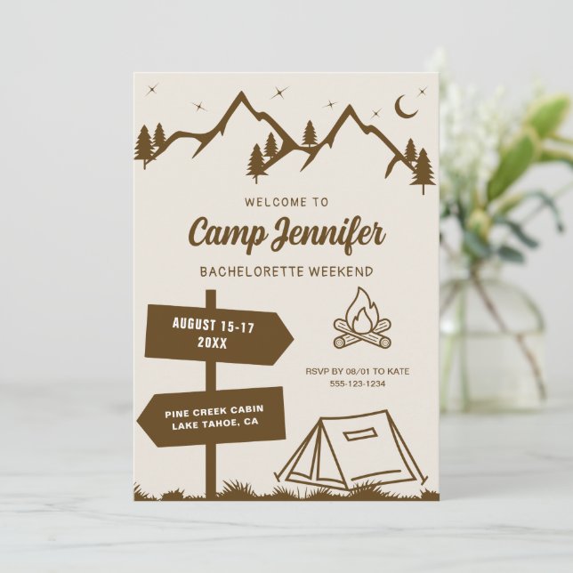 Hand Drawn Camp Bachelorette Weekend Invitation (Standing Front)
