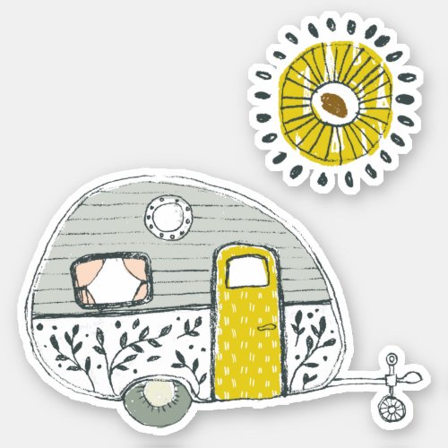 Hand drawn camper trailer yellow sun with rays sticker
