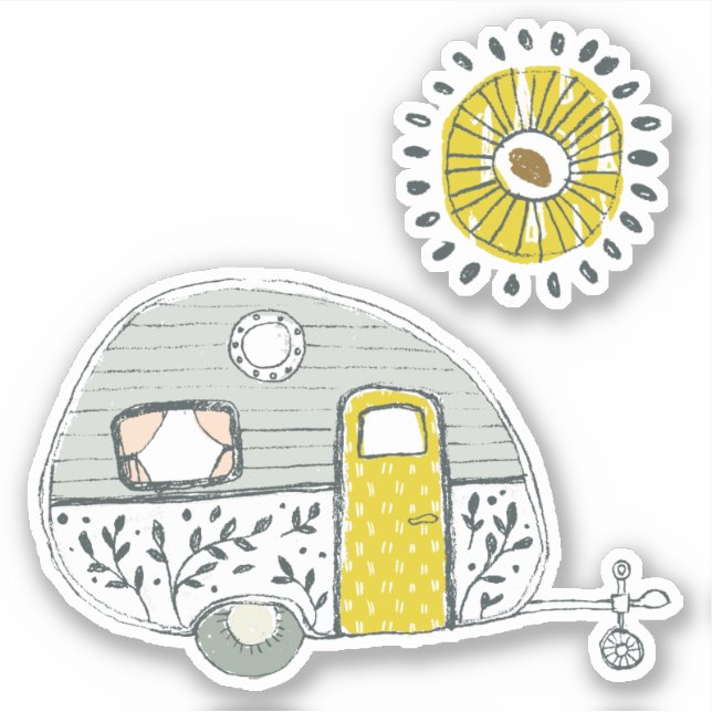 Hand drawn camper trailer yellow sun with rays sticker (Front)