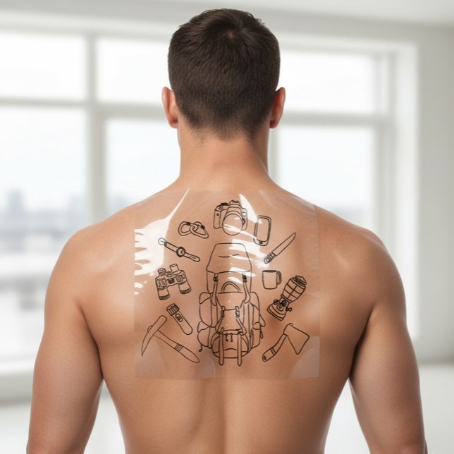 Hand-Drawn Camping Gear Line Art Temporary Tattoo (Creator Uploaded)