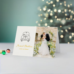 Hand Drawn Car Doodle Modern Newlywed Christmas Foil Holiday Card