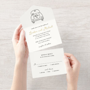Hand Drawn Car Doodle Modern Wedding All In One Invitation