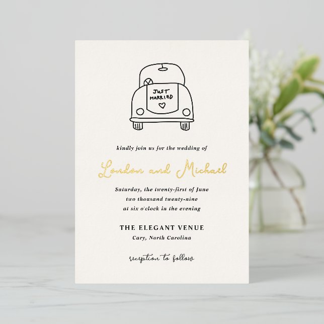Hand Drawn Car Doodle Modern Wedding Foil Invitation (Standing Front)