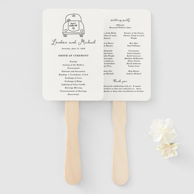 Hand Drawn Car Doodle Modern Wedding Program Hand Fan (Front and Back)